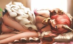 1girls bare_shoulders blue_eyes blush breasts fate/apocrypha fate/grand_order fate_(series) female frankenstein_(fate) ginhaha hair_over_one_eye legs_together looking_at_viewer lying masturbation nipples no_bra on_side orange_hair pussy_juice saliva small_breasts solo