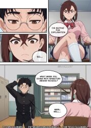 1boy 1boy2girls 2025 2girls ai_generated ayase_momo comic dandadan detailed doujinshi english_text gakuran hi_res illumaru large_breasts manga miniskirt page_number pants room shirt skirt stable_diffusion sweater takakura_ken_(okarun) text thick_thighs webcomic