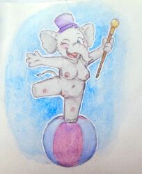 2025 absurd_res action_pose anthro areola balancing ball biped breasts cane clothing comfymouse elephant elephantid english_text female genitals hat hat_only headgear headgear_only headwear headwear_only hi_res holding_cane holding_object looking_at_viewer mammal medium_breasts mostly_nude navel nipples one_eye_closed open_mouth painting_(artwork) pink_body pose proboscidean proboscis_(anatomy) pussy simple_background solo tail tail_tuft text tongue top_hat traditional_painting_(artwork) traditional_watercolor_(artwork) trunk_(anatomy) tuft watercolor_(artwork) wink winking_at_viewer