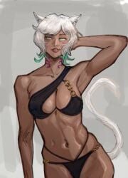 1girls bikini catgirl dark_skin female final_fantasy_xiv miqo'te muhash14 sketch swimsuit tail y'shtola