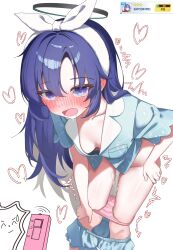 ! 1boy ^^^ absurdres black_halo blue_archive blue_eyes blue_hair blue_pajamas blue_shirt blue_shorts blush bow_hairband breasts cleavage clothes_pull collarbone commentary_request controller doodle_sensei_(blue_archive) drawing_flover embarrassed female hairband halo highres holding holding_remote_control implied_vibrator long_hair looking_at_viewer male medium_breasts nose_blush official_alternate_costume official_alternate_hairstyle open_mouth pajamas panties panty_pull pink_panties pov pov_hands print_pajamas pussy_juice pussy_juice_stain pussy_juice_trail remote_control remote_control_vibrator sensei_(blue_archive) sex_toy shirt short_shorts shorts shorts_pull simple_background stained_panties tearing_up thighs trembling underwear vibrator wet wet_clothes wet_panties white_background white_hairband wireless_sex_toy_controller yuuka_(blue_archive) yuuka_(pajamas)_(blue_archive)