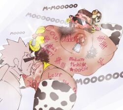 2d 2d_(artwork) anus anus_peek armpit armpit_hair big_breasts big_pecs body_writing bodywriting bovine breasts brown_hair censor_bar censored cow_ears cow_headband cow_horns cow_print cow_print_armwear cow_print_legwear cow_print_thighhighs cowbell cuntboy cuntboy/male cuntboy_focus degradation degradation_text drool english_text eyebrows_raised eyes_covered glasses gloves grabbing_own_breast grabbing_own_pecs hairy hairy_armpits hairy_chest hairy_pussy intersex koga_(pokemon) leaking_milk leaking_pussy licking_pussy male/cuntboy mooing musk musk_clouds musky musky_armpit nipple_piercing nipples open_mouth para-p pecs pokemon pokemon_legends:_z-a pubic_hair pussy pussy_juice saliva shaved_sides shiny_skin sideburns slobber sunglasses sweat sweating sweaty sweaty_armpits sweaty_nipples tally_marks thong thong_aside vagina vinnie_(pokemon)