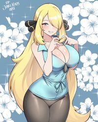 1girls artist_name big_breasts black_pants blonde_hair blue_background blue_shirt breasts cleavage creatures_(company) cynthia_(pokemon) female floral_background flower game_freak green_eyes grin hair_ornament hair_over_one_eye hands_up heart heart_hands highres jarckius large_breasts long_hair looking_at_viewer nintendo pants pokemon pokemon_(anime) pokemon_bw_(anime) pokemon_day shirt sleeveless sleeveless_shirt smile solo tight_clothes very_long_hair white_flower