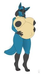 anthro belly big_belly big_breasts black_body black_fur black_nipples blue_body blue_eyes blue_fur blue_pussy breasts closed_smile facial_markings female full-length_portrait fur generation_4_pokemon genitals gloves_(marking) head_markings huge_breasts humanoid_genitalia humanoid_pussy leg_markings lucario markings mask_(marking) milk-jug mouth_closed narrowed_eyes navel nintendo nipples nude pokemon pokemon_(species) portrait pregnant pregnant_anthro pregnant_female pussy simple_background smile socks_(marking) solo standing white_background yellow_body yellow_fur