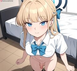 ai_generated asuma_toki blonde_hair boobly bottomless bow bra flaccid from_above futanari long_hair school_uniform schoolgirl skirt