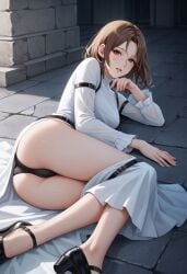 ai_generated ass_focus black_panties brown_eyes brown_hair drag-on_dragoon drakengard female female_only furiae legs_up looking_at_viewer looking_back lying panties white_dress