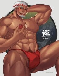 1boy 2023 abs armpit_hair arms_up ass_visible_through_thighs bara beard beefy biceps big_areola big_bulge blush bulge bulge_through_clothing daddy dark_male_only dark_skin dated dilf drunk eight_pack eyelashes folded_leg forked_eyebrows frown fundoshi fundoshi's_day fundoshi_only gay grey_background hachimaki hands_behind_head happy_trail headband hi_res holding_object hunk leg_hair male male_breasts male_only manly mature_male muscles muscular muscular_arms muscular_legs muscular_male muscular_thighs mustache_stubble necklace old_man open_mouth oppai original original_character pecs red_fundoshi rnsk8931_(rnsk_akatsuki) rokushaku_fundoshi sake sake_cup short_hair sideburns sitting six_pack solo spread_legs thick_arms thick_eyebrows thick_thighs tough_guy white_hair yaoi yellow_eyes