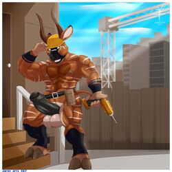 2017 4_fingers aaron_(artist) abs antelope anthro armor balls belly belt biceps big_penis biped black_fur black_markings black_nose black_penis blue_sky bongo_(antelope) border brown_fur brown_horn brown_tail city cloud cloven_hooves construction construction_site day detailed_background digital_media_(artwork) drill ear_markings erection facial_markings fence foreskin front_view full-length_portrait fur gloves_(marking) green_eyes grey_hooves grey_nipples hard_hat helmet hi_res holding_object hooves horn huge_cock humanoid_penis looking_at_viewer male male_only mammal markings multicolored_fur multicolored_tail muscular muscular_male nico_voeller nipples nude open_mouth outside partially_retracted_foreskin pecs penis pepsi_(fa) pink_tongue portrait pose quads signature sky solo spread_legs spreading stairs standing step_pose striped_fur stripes sunlight tan_fur teeth thick_penis tongue uncut vein veiny_penis white_balls white_border white_fur white_stripes white_tail work