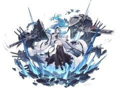 azur_lane black_background black_footwear black_gloves black_thighhighs blue_eyes blue_hair boots breasts cannon cg cleavage coat dress earrings elbow_gloves female floating_hair full_body fur-trimmed_coat fur_trim gloves hair_ornament hat high_heel_boots high_heels holding ice jewelry large_breasts long_hair long_sleeves looking_at_viewer machinery multicolored_hair official_alternate_costume official_art open_clothes open_coat open_mouth pelvic_curtain ponytail rigging side_slit smile solo sovetskaya_belorussiya_(azur_lane) standing sword thigh_boots thighhighs torn_clothes transparent_background turret very_long_hair weapon white_coat white_dress white_footwear white_headwear