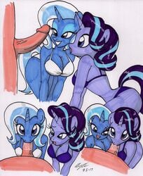 2017 2girls anthro anthrofied bra breasts busty cleavage collaborative_fellatio drawn equine erection eyelashes eyeshadow fellatio female friendship_is_magic furry group horn human humanoid_penis interspecies male male_human/female_anthro male_pov mammal multiple_girls my_little_pony newyorkx3 oral panties penis pov starlight_glimmer straight teamwork trixie_(mlp) trixie_lulamoon unicorn voluptuous