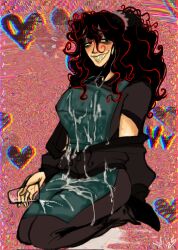 1boy abstract_background alternate_version_at_source alternate_version_available apron big_grin big_smile black_hair black_pupils blush clothed cum cum_in_glass cum_on_apron cum_on_floor drooling full_body fully_clothed grin hair_scrunchie hair_up hearts_around_body hearts_around_head horny humanoid humanoid_monster john_doe_(character) john_doe_(game) john_doe_(john_doe) light_skinned long_hair looking_at_viewer loose_mask male mask messy_hair monster monster_boy pale_skin pants_pulled_down pecs pectorals ponytail prehensile_hair purpleverse red_highlights saturniidae9 scars scars_on_arm scrunchie self_harm_fetish self_harm_scars shirt_up smile solo solo_focus solo_male spilled_cum yandere yellow_teeth