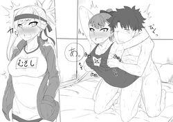 1boy 2girls absurdres araki_jeccy armpits blush breasts clothed_sex fate/grand_order fate_(series) female fujimaru_ritsuka_(male) groping gym_uniform hands_in_pockets headband helena_blavatsky_(fate) highres kneeling male miyamoto_musashi_(fate) monochrome multiple_girls nude one-piece_swimsuit open_mouth ponytail saliva sex straight sweat swimsuit teeth text walk-in