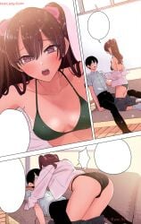 2.5_jigen_no_ririsa armpits ass bare_arms bare_legs bare_shoulders bare_thighs bikini bikini_under_clothes blush breasts brown_eyes brown_hair cleavage collarbone green_bikini hashimoto_yuu indoors long_hair manga medium_breasts official_art okumura_masamune open_mouth seductive skirt_down socks tachibana_mikari thighs twintails white_socks