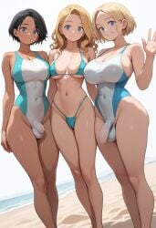 1girls 2futas ai_generated beach bikini black_hair blonde_hair blue_eyes large_breasts medium_breasts one-piece_swimsuit swimsuit