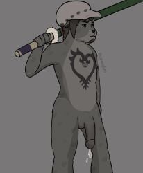 absurd_res anthro carmeyfurs ejaculation facial_hair felid flaccid genitals hi_res male male_only mammal melee_weapon nude pantherine penis snow_leopard solo sword tattoo trafalgar_law weapon
