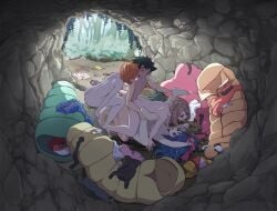 ahe_gao arm_support armpits ass back bare_arms bare_legs bare_shoulders bare_thighs barefoot blue_eyes blue_hair blush breasts brown_hair cave completely_nude cowgirl_position cum_on_body cum_on_hair dawn_(pokemon) doggy_style feet folded foursome french_kiss from_behind group_sex kasumi_(pokemon) kissing may_(pokemon) medium_breasts nude open_mouth orange_hair outdoors pokemon satoshi_(pokemon) sex short_hair shoulder_blades side_ponytail sitting thighs toes toiro_gawon tongue tongue_out unworn_clothes