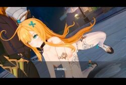 1boy 1girls 3d aether_(genshin_impact) almost_naked big_breasts blonde_hair collar escoffier_(genshin_impact) fat_ass female femdom genshin_impact gloves horny_female koikatsu maledom mihoyo peeing pet pipi_(artist) pleasure_face thick_thighs