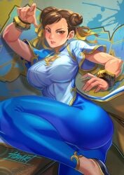 1girls artist_name ass blush bracelet breasts brown_eyes brown_hair cameltoe capcom chinese_clothes chun-li earrings figthing_stance graffiti hair_bun highres jewelry large_breasts lips mature_female milf one_leg_raised serious signature street_fighter street_fighter_6 thighs
