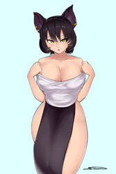 1girls big_breasts blush breasts cat_ears catgirl cleavage clothed female female_only kali_belladonna large_breasts looking_at_viewer milf no_bra no_panties rwby shonomi solo thighs undressing voluptuous wide_hips