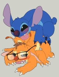 2024 4_fingers alien ambiguous_gender antennae_(anatomy) barely_visible_genitalia barely_visible_penis black_eyes blue_body blue_claws blue_fur blush bodily_fluids brown_eyes brown_hair claws cum cum_drip dipstick_antennae disney dripping duo english_description experiment_(lilo_and_stitch) eyewear fan_character feral fingers from_behind_position fur genital_fluids genitals glasses grey_background hair head_tuft hi_res kyrio lilo_and_stitch male male/ambiguous male_penetrating mounting multicolored_antennae notched_ear orange_body orange_fur pawpads penetration penis pink_inner_ear pink_tongue red_nose saliva sex simple_background small_tail stitch_(lilo_and_stitch) tail toe_claws tongue tongue_out tuft white_claws yellow_pawpads