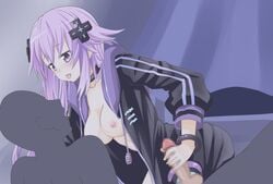 1boy adult_neptune bangle bracelet breasts censored choker d-pad female hair_ornament handjob highres hood hooded_jacket jacket jewelry long_hair medium_breasts neptunia_(series) nipples niwaka_potato no_bra open_clothes penis purple_eyes purple_hair saliva saliva_string straight