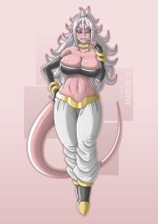 1girls android_21 armwear black_armwear black_eyes boots breasts curvy curvy_body curvy_female curvy_figure digital_drawing_(artwork) digital_media_(artwork) dragon_ball dragon_ball_fighterz ear_piercing earrings female female_focus female_only finger_on_lip fingerless_arm_sleeves gold_ring gold_rings hi_res long_hair majin_female medium_breasts navel pink_body pink_skin pointy_ears red_pupils tail takilmar white_hair white_pants