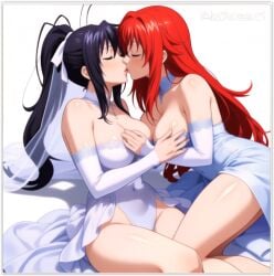 2girls ai_generated akeno_himejima bride female high_school_dxd lesbian_couple lesbian_domination lesbian_focus lesbian_kiss lesbian_sex rias_gremory wife_and_wife yuri