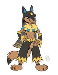 anthro anubian_jackal armwear balls black_body bottomwear canid canine canis clothed clothing digital_media_(artwork) egyptian_mythology erection feet fingers fur genitals hand_on_penis hi_res humanoid_genitalia humanoid_penis jackal looking_at_viewer male male_only mammal masturbation middle_eastern_mythology mythology nikraccoom pants penile penile_masturbation penis simple_background smile solo standing tail toes topwear