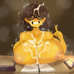 1girls breasts breasts_on_table brown_hair cum cum_on_breasts cum_on_face emoji emoji_(race) female freckles glasses grin huge_breasts nerd_emoji nuggx117 yellow_skin