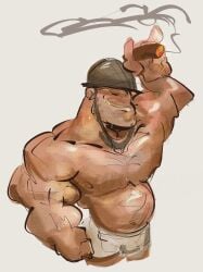 1boy bara cigarette gay male muscle muscles muscular simple_background soldier_(team_fortress_2) underwear wetyuip