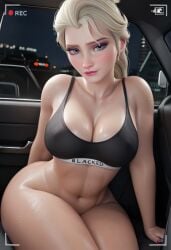 3d black_bra black_panties blacked blacked_clothing blonde_hair bra breast disney disney_channel disney_princess elsa elsa_(frozen) frozen_(film) frozen_2 generalbutch_(style) huge_breasts looking_at_viewer panties sexy solo sports_bra sportswear sweatdrop sweating white_hair