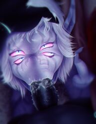 alien alien_humanoid blowjob_face fellatio first_person_view gangbang genitals glowing glowing_eyes group group_sex hair holding_head human humanoid legatus looking_at_viewer male male/male mammal multi_eye multi_genitalia multi_penis not_furry not_furry_focus nytrodioxide oral penile penis pink_sclera pov_blowjob purple_body purple_skin sex sucking threesome trio white_hair