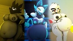 3girls ambiguous_digestion belly belly_expansion belly_focus big_belly big_breasts breasts female female_only im_omning_it_so_good karelia_(acerattman) large_belly marie_(cally3d) multiple_females multiple_preds multiple_prey smiler_(the_backrooms) tagme tagme_(character) tasque_manager_(deltarune) thick_thighs vore vore_belly