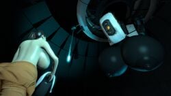 3d_(artwork) big_breasts breasts chell clothed clothing digital_media_(artwork) duo female furrypornenjoyer glados hi_res holding_object holding_weapon huge_breasts human machine mammal not_furry portal_(series) robot source_filmmaker_(artwork) topless valve weapon