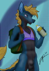 animal_genitalia anthro backpack balls beverage beverage_bottle black_body black_fur blonde_hair blue_body blue_fur bottomless clothed clothing dragon dragoth fur furred_dragon furred_scalie genitals hair hi_res holding_beverage holding_object male male_only mythological_creature mythological_scalie mythology purple_eyes scalie sheath shirt solo standing tail topwear zephyrpanthur