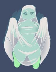 2025 big_breasts big_thighs digital_drawing_(artwork) digital_media_(artwork) eyes ghost ghost_girl green_body green_eyes green_skin hair inka_(inkplasm) pear_shaped scary sheets sketch welwraith