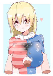 1boy 1girls alternate_breast_size american_flag american_flag_shirt blonde_hair breast_press breasts clownpiece cum cum_on_breasts disembodied_penis female heart huge_breasts long_hair paizuri paizuri_under_clothes penis touhou