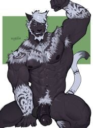 abs armpit_hair balls barazoku beard body_hair chest_hair deaddragonp digital_drawing_(artwork) digital_media_(artwork) erection facial_hair fangs felid final_fantasy final_fantasy_xiv flexing flexing_bicep fur genitals glans hair happy_trail hi_res hrothgar humanoid_genitalia humanoid_penis looking_at_viewer male male_only mammal muscular muscular_male navel nipples penis pubes solo square_enix tail teeth