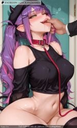 ai_generated bare_shoulders bibi_(tokoyami_towa) black_headwear black_legwear black_shirt blush breasts collar collarbone covered_nipples crop_top cuckingmama demon_girl demon_tail ear_piercing eyebrows_visible_through_hair female fingernails green_eyes green_nails hair_ornament hairclip hat heavy_breathing horns indoors large_breasts leash long_hair looking_at_viewer midriff multicolored_hair nail_polish navel navel_piercing o-ring off_shoulder one_eye_closed open_mouth piercing pink_hair pink_nails pointy_ears purple_hair purple_nails saliva shirt solo_focus spread_legs straight streaked_hair tagme tail thighhighs thighs tokoyami_towa tongue tongue_out twintails virtual_youtuber