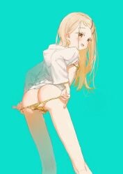 absurdres alternate_costume anus arisu_syndrome ass bare_legs bikini bikini_bottom_pull blonde_hair blush breasts colored_eyelashes commentary_request feet_out_of_frame female gakuen_idolmaster gold_bikini green_background highres hood hooded_jacket idolmaster jacket kneepits long_hair looking_at_viewer looking_back orange_eyes petite shinosawa_hiro simple_background small_breasts smile solo straight_hair swimsuit white_jacket