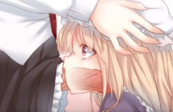 1futa 1girls bangs black_skirt blonde_hair deepthroat erection eyebrows_visible_through_hair fellatio female from_side futa_on_female futanari hand_on_another's_head hand_on_head hat head_grab intersex irrumatio long_hair long_sleeves maribel_hearn mob_cap multiple_girls oral penis profile purple_eyes renko_usami skirt tori_(minamopa) touhou white_hat x-ray