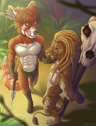 2018 2boys abs anthro anthro_on_anthro arms_tied athletic black_fur blonde_hair bondage bound brown_fur canine clothed clothing detailed_background duo feathers feline flaccid fox fur fur_markings furry gloves_(marking) hair hand_on_face hands_behind_back headband holding_object holding_weapon humanoid_penis interspecies licking licking_lips loincloth long_hair male mammal markings melee_weapon multicolored_fur nude orange_fur orange_hair outside penis polearm skimpy skull socks_(marking) spear standing tail_tuft tattoo tied_to_pole tongue tongue_out topless toshaviktory tribal tuft two_tone_fur weapon white_fur yaoi