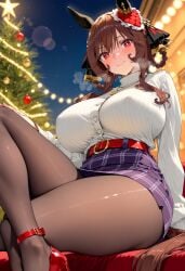 ai_generated animal_ears big_thighs braided_hair brown_hair female frilled_hairband gentildonna_(umamusume) hair_ornament horse_girl legs long_hair looking_down red_eyes tights umamusume umamusume_pretty_derby
