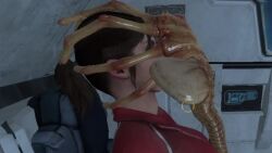 alien alien_(franchise) animated animation big_breasts brown_hair chest_bulge clothed facehugger female female_human/male_feral feral horror human human_female insect interspecies light-skinned_female light_skin monster no_sound pants ponytail red_jacket sci-fi sitting source_filmmaker spaceship tagme veltro01 video zoey_(left_4_dead)