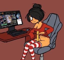 1girls artist_request computer dildo maya_schoppenboer measuring_penetration_depth no_panties ongezellig pornography sitting_on_chair stockings