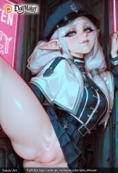 ai_generated belt blue_headwear blue_skirt breasts choker dollmaker earrings elf female green_eyes handcuffs hat jacket jewelry long_hair looking_at_viewer no_panties pointy_ears police police_uniform policewoman pussy skirt solo spread_legs tagme train_interior uniform