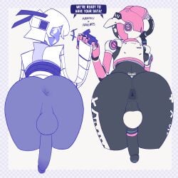 188-e 2025 amaruu anus artist_collaboration ass ass_focus balls big_penis blue_body bottomless bottomless_humanoid bottomless_male cable checkered clothed clothing digital_drawing_(artwork) digital_media_(artwork) duo english_text genitals hand_holding hi_res humanoid humanoid_genitalia humanoid_penis inviting_to_sex machine male male/male mechanical_arm not_furry penis presenting presenting_hindquarters ra4s rear_view robot robot_humanoid skinny text toony wayman_(ra4s)