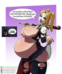 1boy 1girls areola baseball_bat bat batman batman:_arkham_knight batman_(series) belly big_belly bimbo blonde breasts busty cleavage clothed clothing clown_makeup costume dc_comics english_text eyeshadow female harley_quinn holding_object holding_weapon huge_breasts human leggings lipstick looking_at_viewer maid maid_uniform makeup male mask nipples pregnant pressurizedpleasure purple_background ready_to_pop ripped_clothes skirt text voluptuous white_background