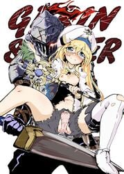 1boy absurdres armor blonde_hair blue_eyes blush boots breasts buckle female full_armor glowing glowing_eye goblin_slayer goblin_slayer_(goblin_slayer) hat helmet highres long_hair mane nipples panties priestess_(goblin_slayer) staff sword tears thigh_boots thighhighs underwear weapon