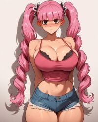 1girls ai_generated alternate_costume angry bangs bare_shoulders big_breasts black_eyes blunt_bangs blush booty_shorts bra breasts cleavage clothing collarbone curvy drill_hair eyebrows_visible_through_hair eyelashes female female_focus female_only fringe frown highres hips hotpants human jean_shorts kyuppi large_breasts looking_at_viewer midriff navel one_piece perona pink_hair pout revealing_clothes shadow shiny_skin short_shorts shorts sideboob simple_background skimpy skindentation sleeveless solo solo_female sweat sweatdrop tank_top thick_thighs thighs tied_hair twintails very_long_hair voluptuous white_background wide_hips